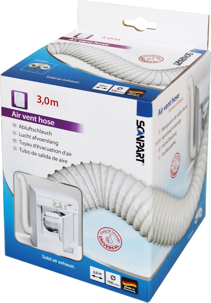 A product box for an air vent hose, showing a diagram of the hose connected to a washing machine.