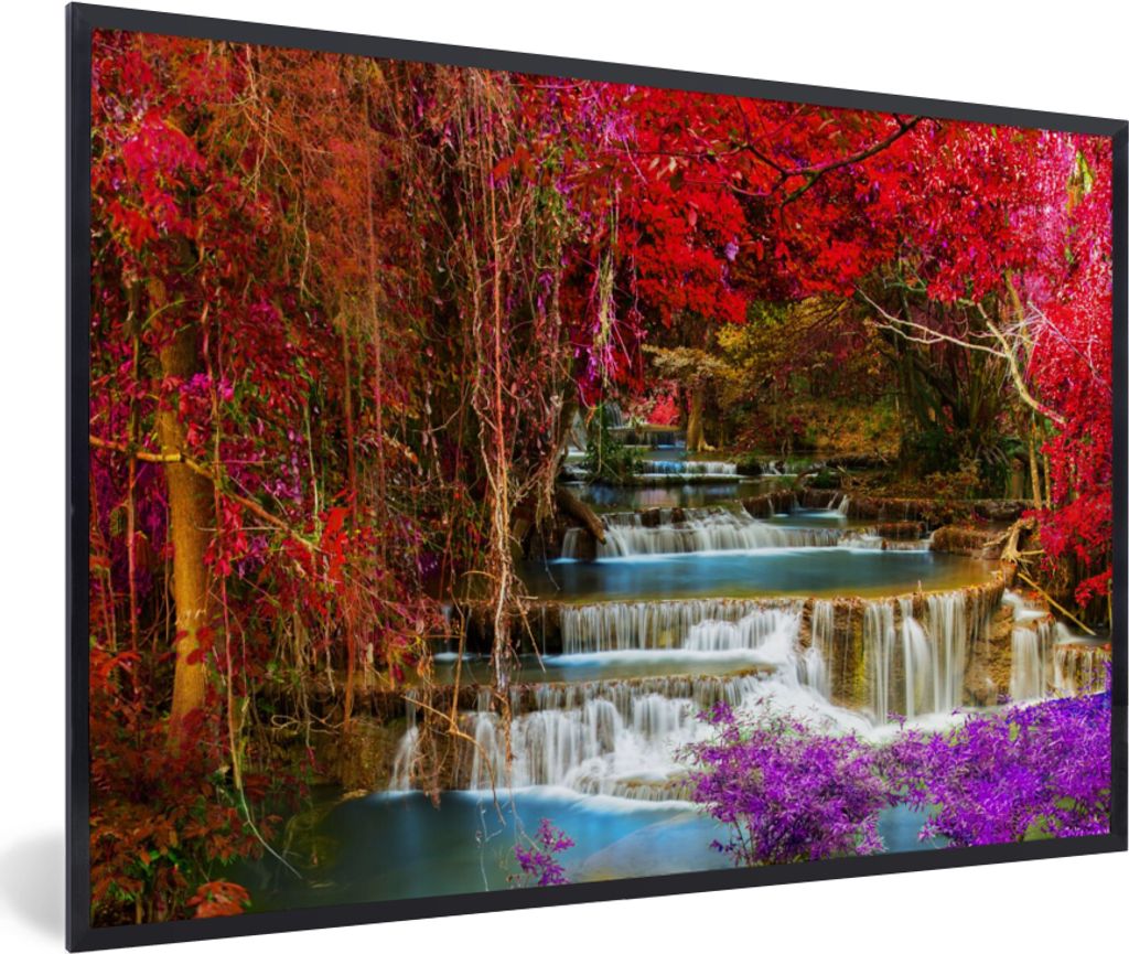 MuchoWow Gerahmtes Poster Wasserfall - Rosa - Bäume 90x60 cm - Poster mit Schwarzem Bilderrahmen Wandposter Rahmen Foto Bilder - Fotorahmen - Fo...