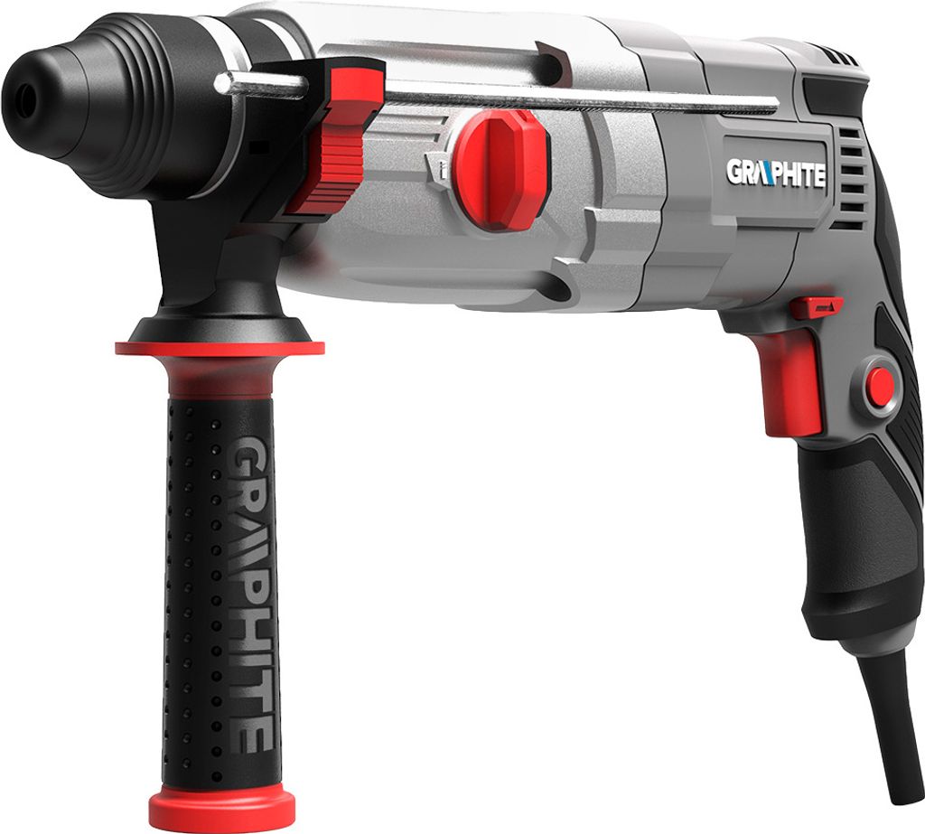 A professional rotary hammer drill is shown against a white background.