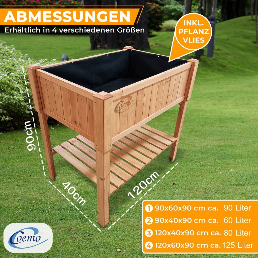 Coemo Hochbeet großes Kräuterbeet Holz mit Pflanzfolie 120 x 40 x 90 cm