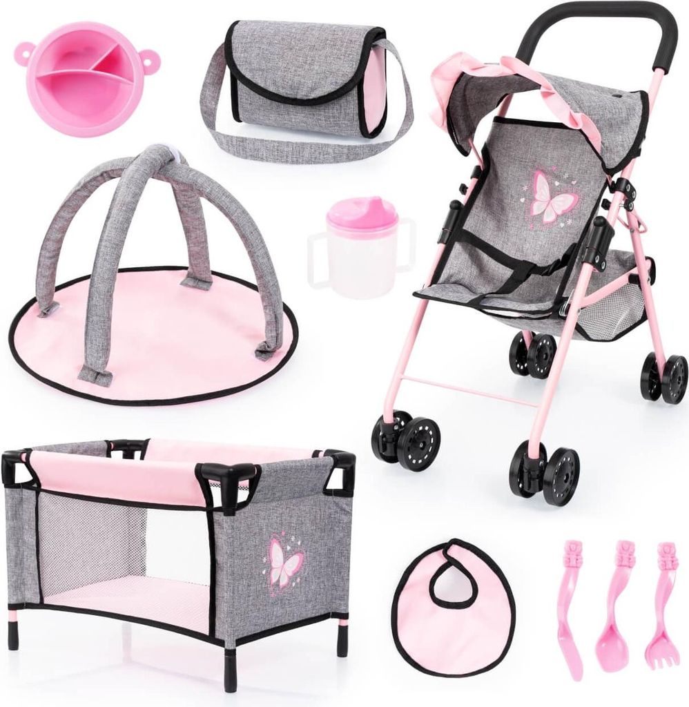 Puppen-Buggy Set mit Reisebett und Zubehör grau/rosa - Produktbild 