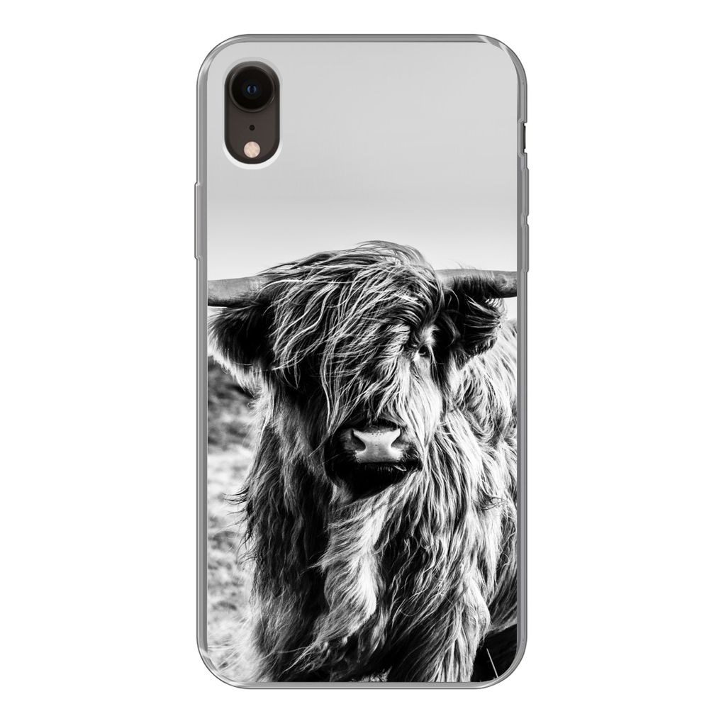 MuchoWow Handyhülle Schutzhülle Hülle für iPhone XR Kuh - Schottischer Hochländer - Schwarz - Weiß - Tier - Natur - Wildtiere Silikon Softc...