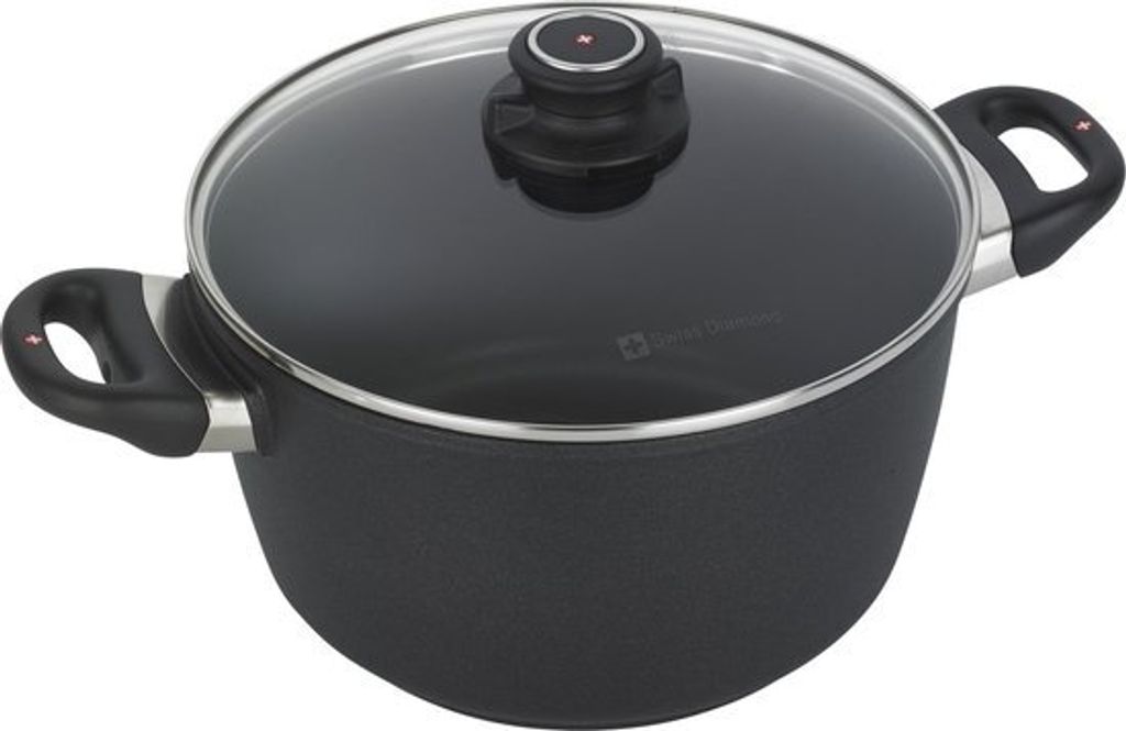 A black pot with a glass lid and two handles, shown from a slightly elevated angle against a white background.