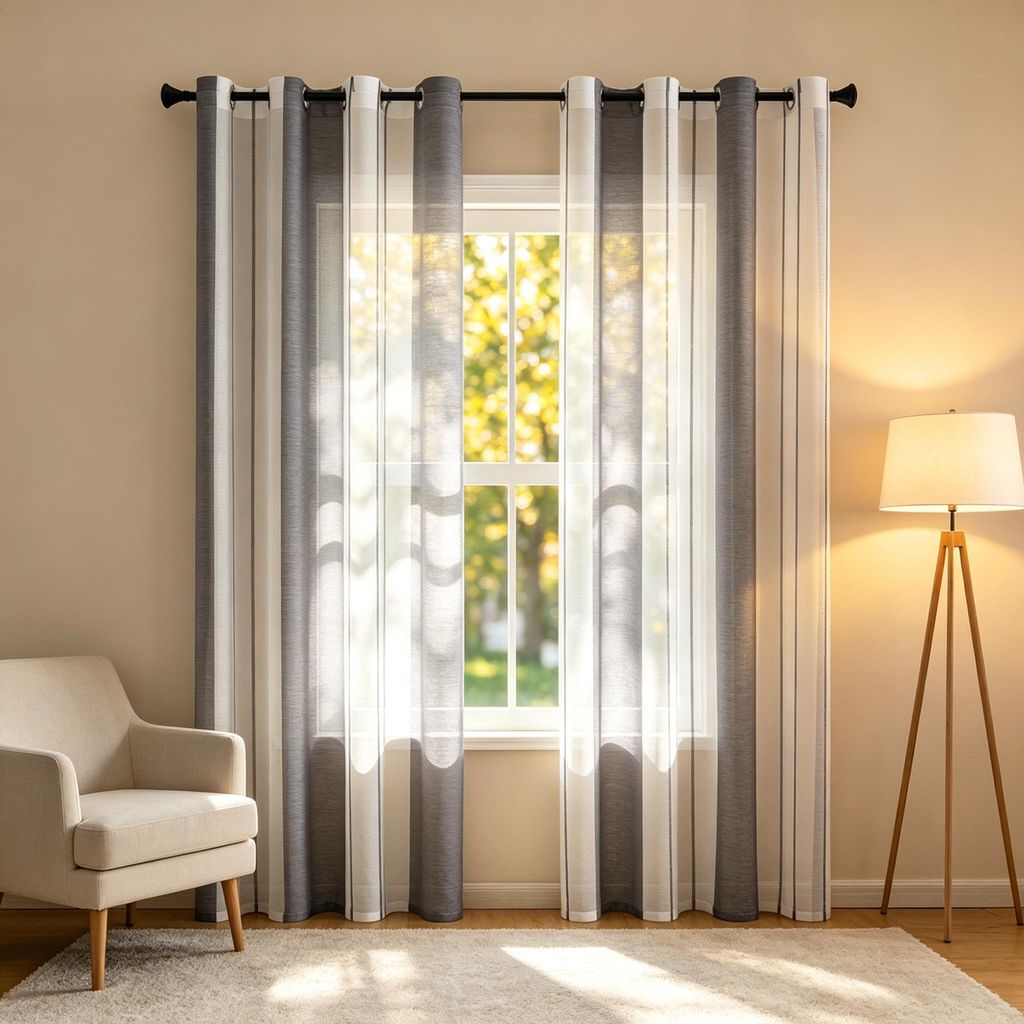Gardinen Transparent 2er Set - Ösenvorhang Wohnzimmer Modern Streifen transparent 90GSM Ösen Ø4cm Voile Schal 140x145cm Grau