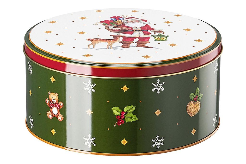 A Christmas-themed round tin with Santa Claus and a reindeer on the lid, and various Christmas motifs on the sides.