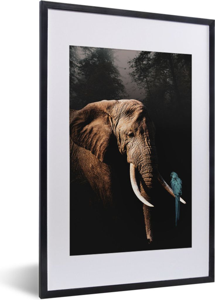 MuchoWow MuchoWow Gerahmtes Poster Elefant - Papagei - Baum 40x60 cm - Poster mit zchwarzem Bilderrahmen - Poster in Rahmen