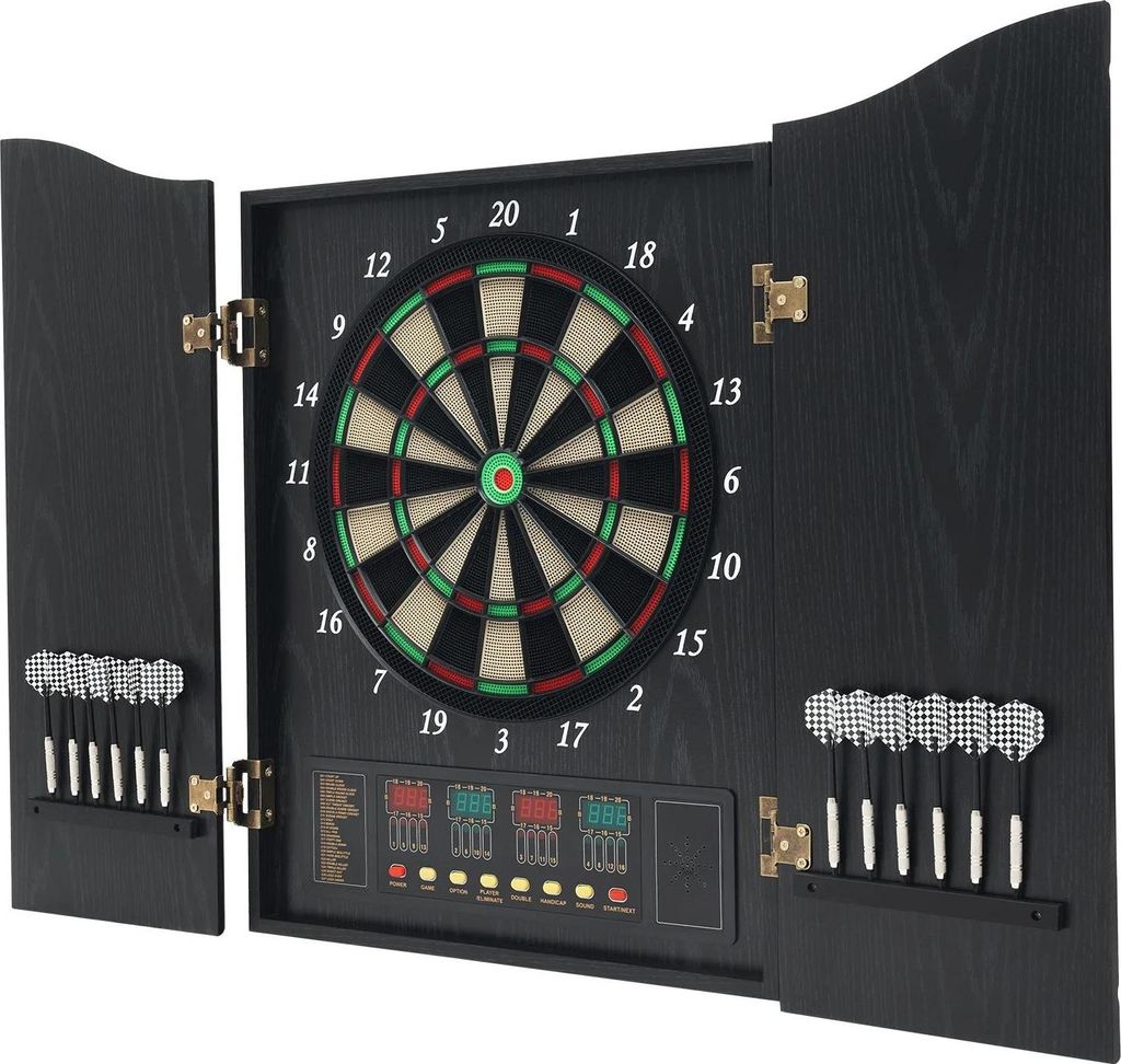 Elektronisches Dartboard - Dartscheibe - Deutsche Sprache - 4 LED-Anzeigen - 27 Spiele - 243 Spielvarianten - Ab 8 Jahren - Schwarz