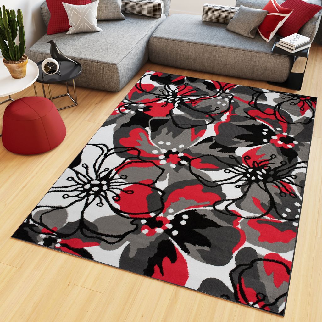 Designer Teppich Streifen Modell Grau Rot
