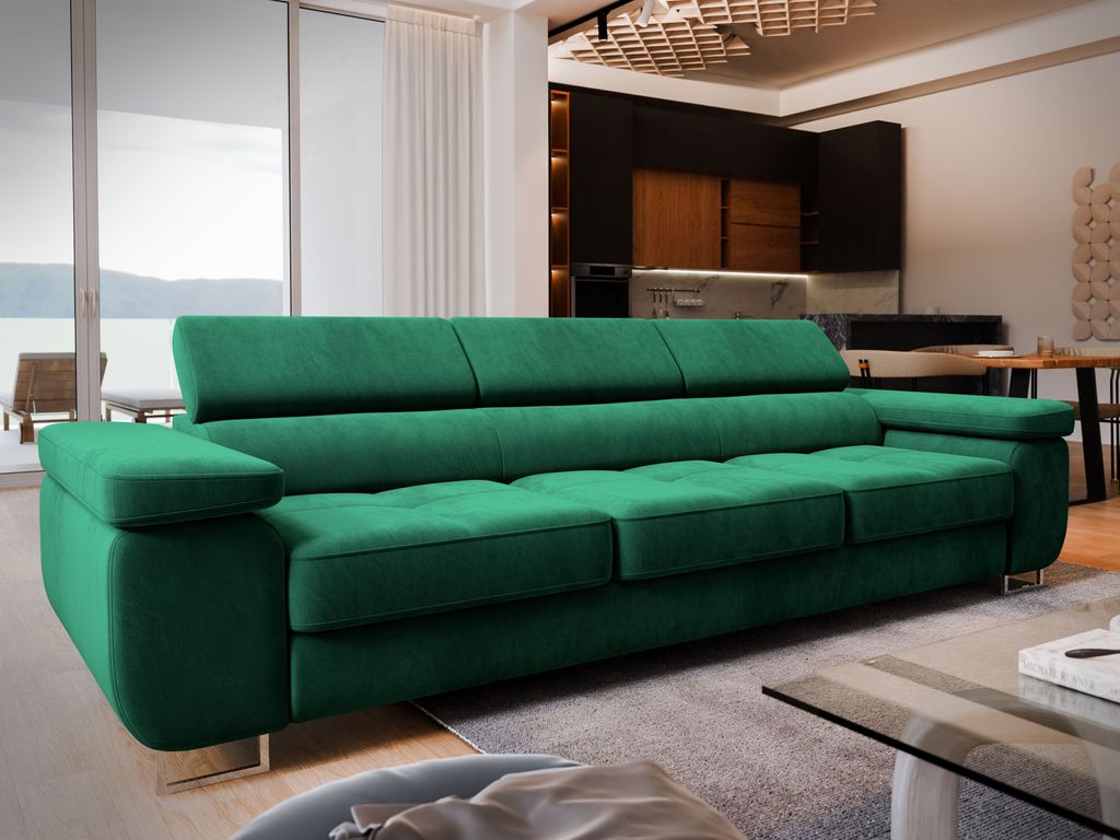 Sofa MOSINE Grün Velours-Stoff mit Schlaffunktion, Wohnzimmersofa, Couch, Soffa, Bettsofa, Couchgarnitur- Grün, MONOLITH 37