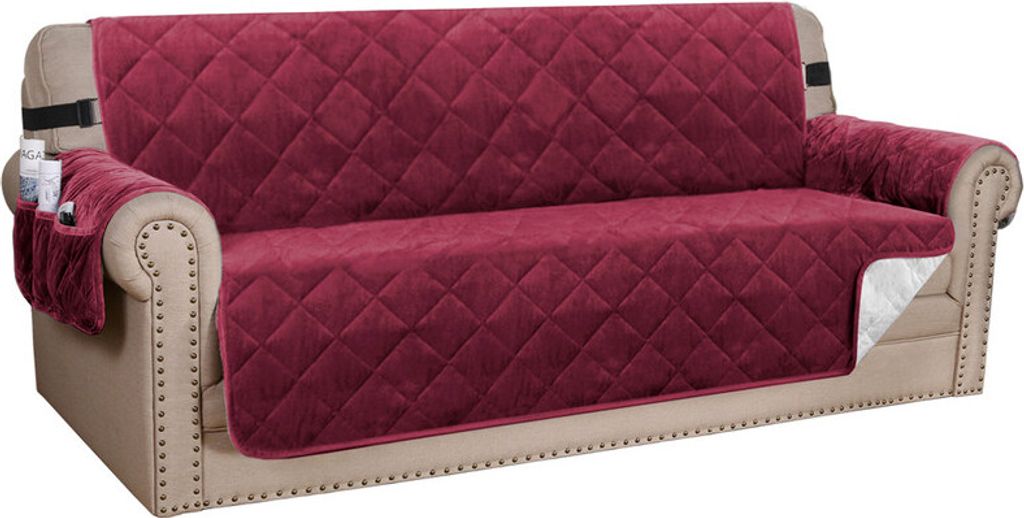 Sesselschoner Gesteppter Samt Sofa Bezug Möbelschutz Schonbezug für Familie mit Haustieren und Kindern, Weinrot Drei Person