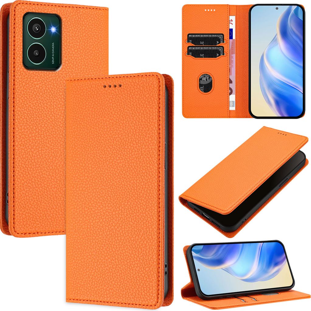 Litchi Leder Handyhülle für HMD Pulse Pro/HMD Pulse/HMD Pulse+ Wallet Kartenfächer Standfunktion Hülle Orange