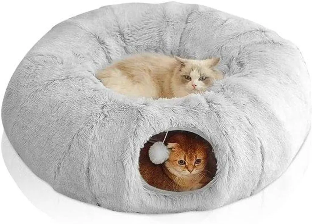 Tunnel chat en peluche grise ultra douce - Confort intérieur premium