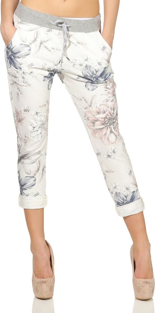 287 Mississhop Damen Hose Cargohose Blumen Sweatpants Jogginghose Baumwolle Freizeithose Boyfriend Weiß mit Blumen 302