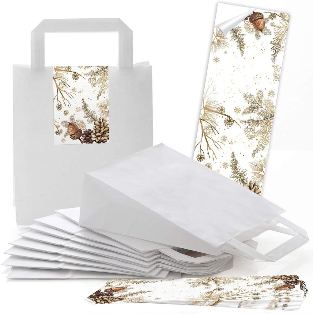 Logbuch-Verlag 5 weiße Papiertüten mit Henkel u. Boden + Geschenkaufkleber braun gold Weihnachtsmotive herbstlich Weihnachtsverpackung Geschenk V...