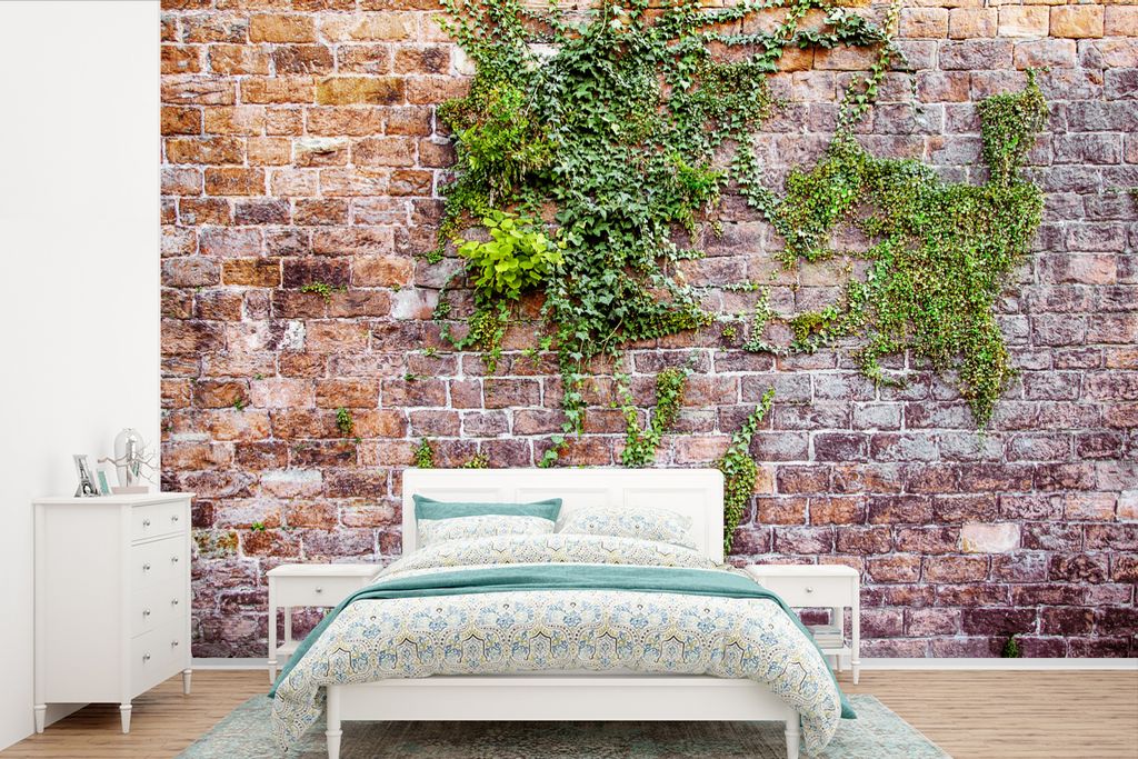 MuchoWow Fototapete für Wohnzimmer oder Schlafzimmer Wandtapete Vinyl Motivtapete Kletterpflanzen an einer alten Backsteinmauer - 450x300 cm - G...