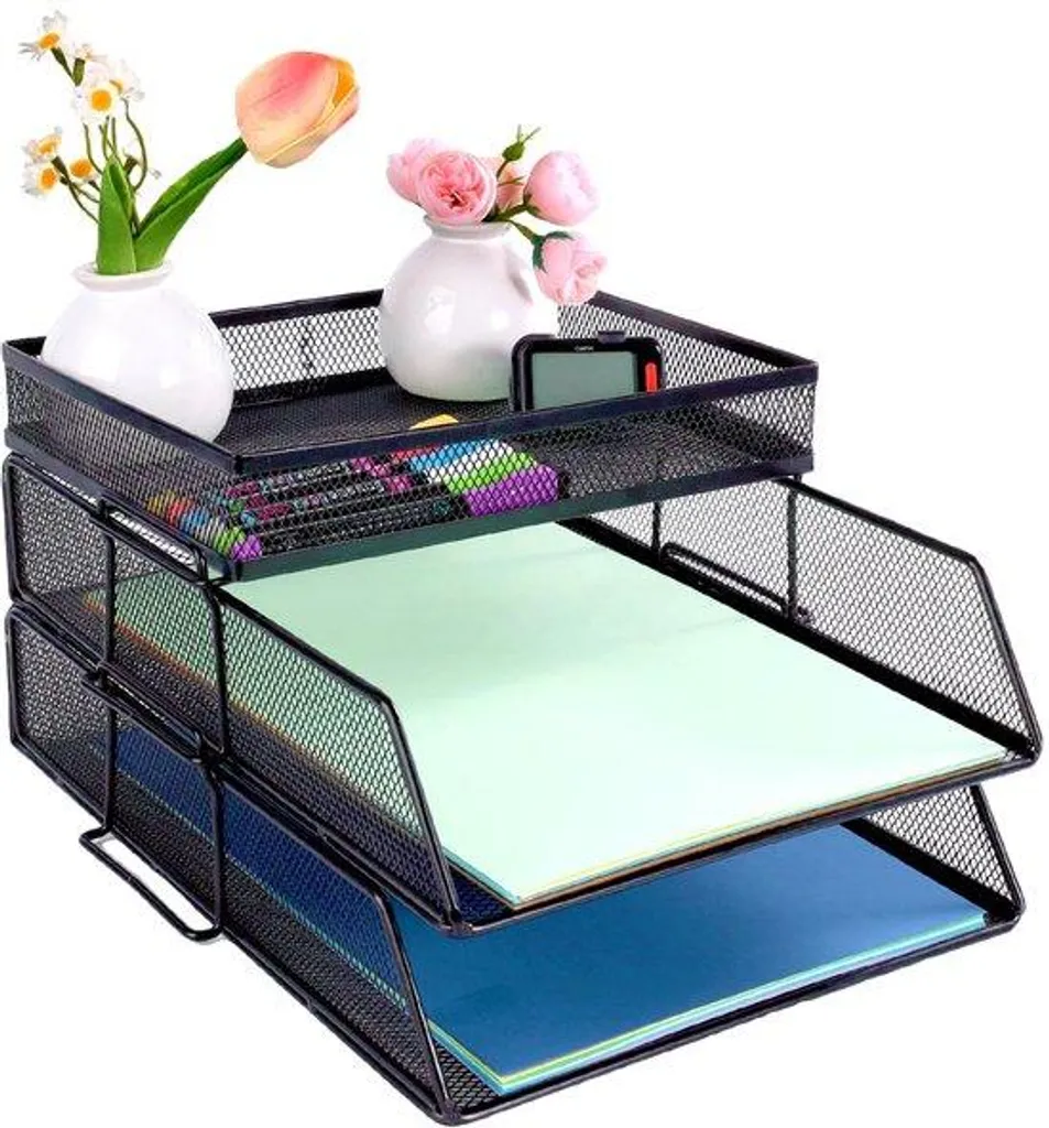 Rangement de bureau pour documents et courrier noir à 2 étages modulables