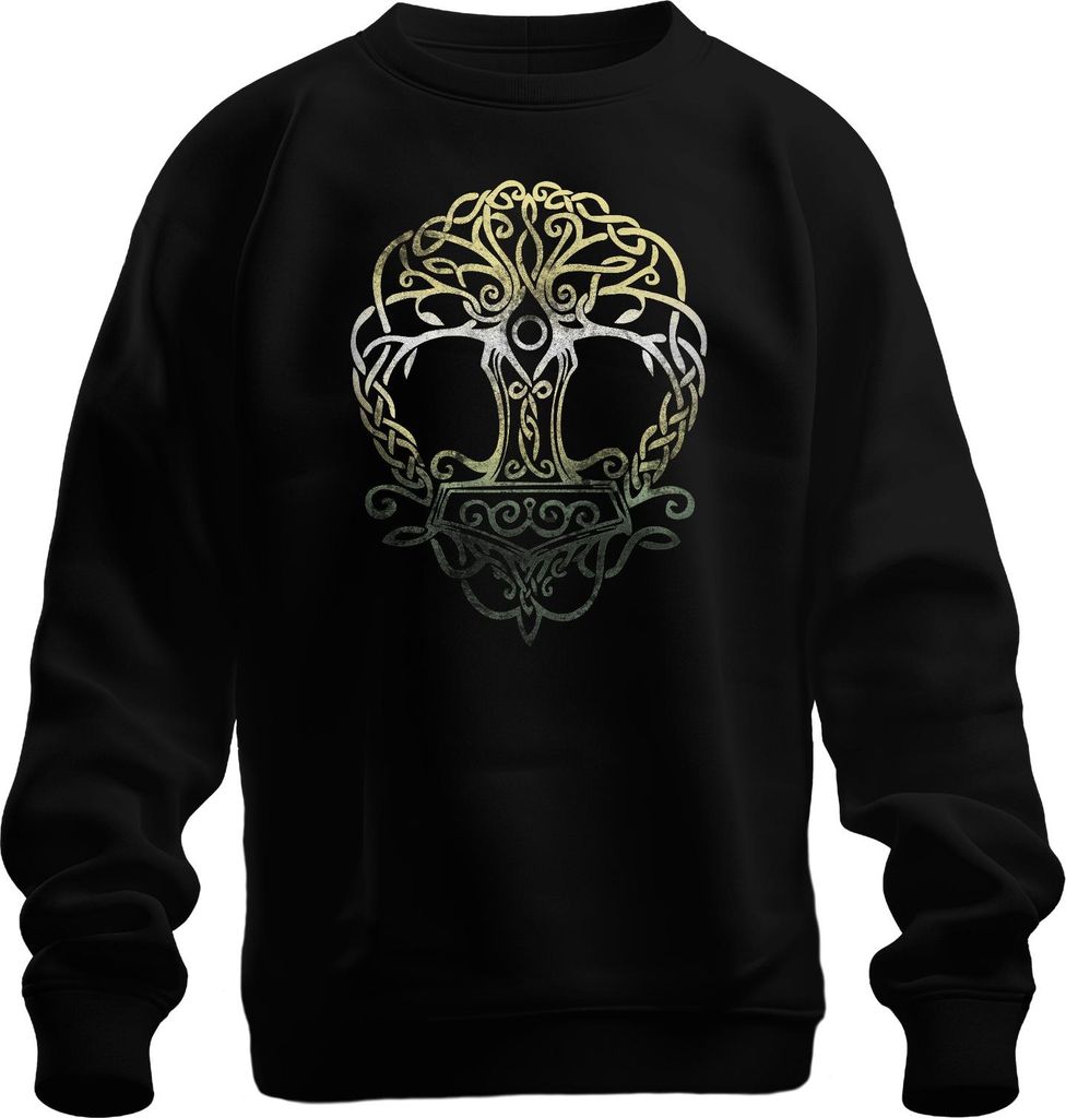 Thorhammer Wikinger Yggdrasil Lebensbaum keltischer Knoten Runen Uni Sweatshirt Pullover, Schwarz, M