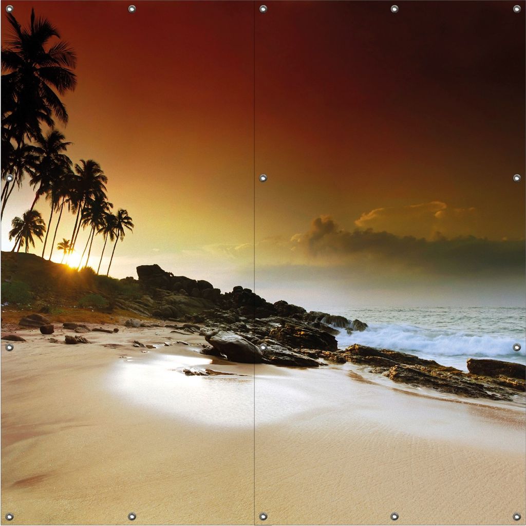 Wallario Outdoor-Poster für Garten oder Balkon, Motiv Sri Lanka - Palmenstrand mit Sonnenuntergang, in ca. 180 x 180 cm