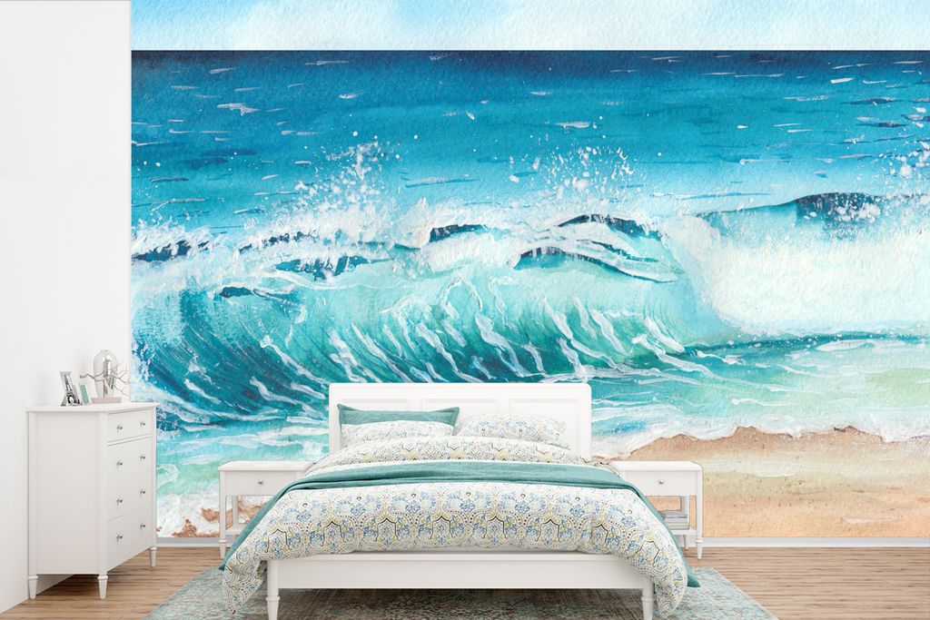 MuchoWow Fototapete für Wohnzimmer oder Schlafzimmer Wandtapete Vinyl Motivtapete Golf - Strand - Aquarell - 390x260 cm - Papiertapete