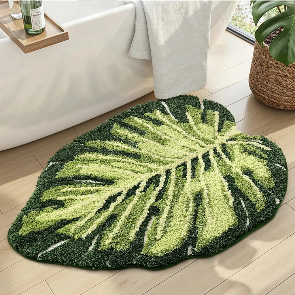 Tapis de bain absorbant Monstera vert 60x80 cm lavable avec dos adhérent