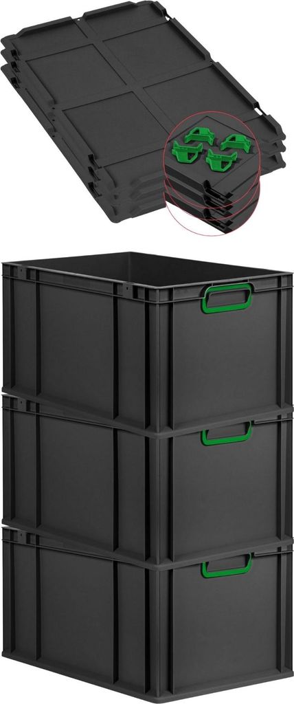 SuperSparSet 3x Eurobox NextGen Color mit Auflagedeckel und Schiebeschnappverschlüsse | HxBxT 32x40x60cm | 65 Liter | Schwarz | Griffe grün gesch...