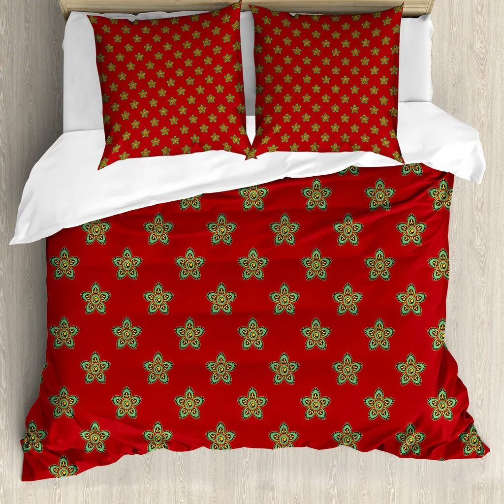 ABAKUHAUS Copripiumino etnico, fiori con cerchi, antiacaro, adatto a chi soffre di allergie, con federe, 155 cm x 220 cm - 80 x 80 cm, marrone e turchese