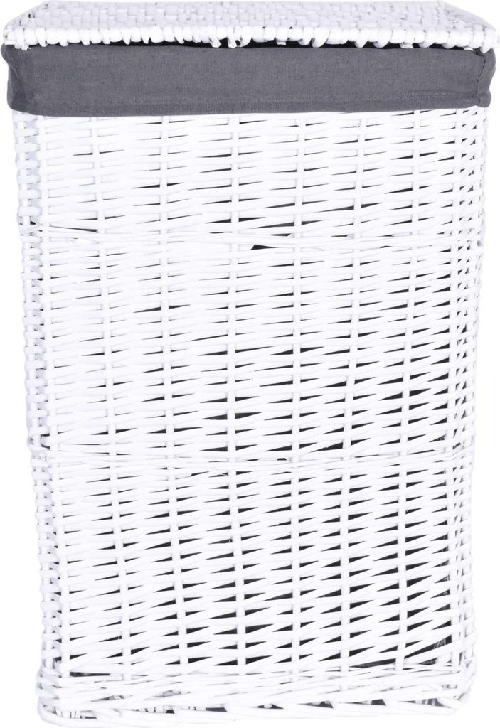A white wicker laundry basket with a gray fabric liner and lid.