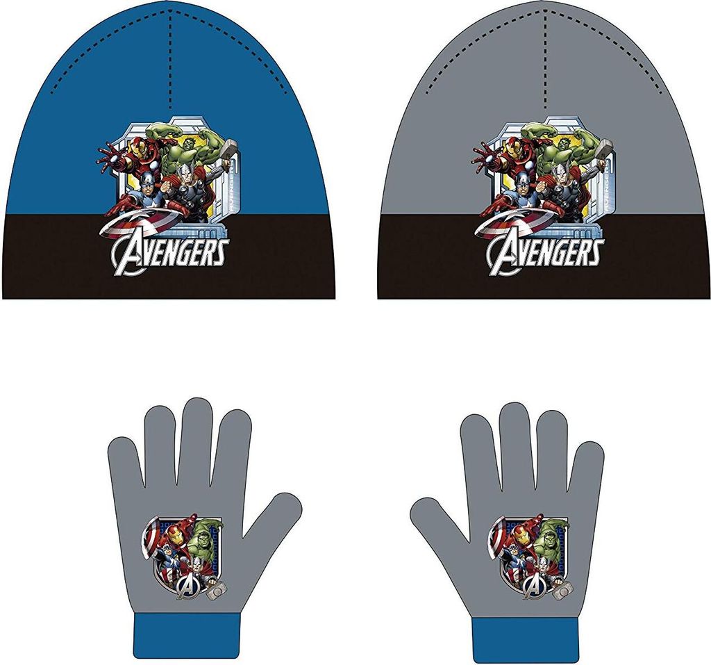 Marvel Avengers 2tlg. Winterset Kindermütze Kinderschal Kinderhandschuhe Mütze Schal Handschuhe Hulk Ironman Spiderman Captain America AV9837 (Blau)