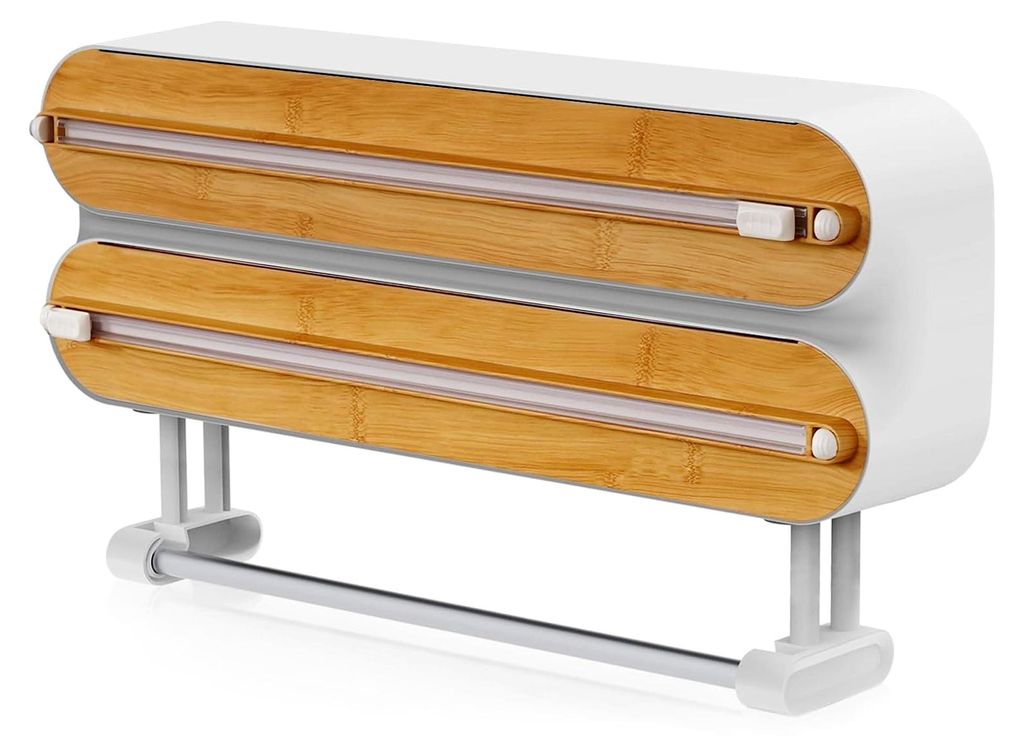 Holz Frischhaltefolienspender, Magnetischer Alufolienspender und Wandrollenhalter für die Küche mit Scharfem Messer, Geeignet für 3 Rollen Plast...