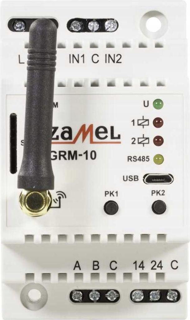 A close-up, front-facing view of a white electronic device with an antenna, mounted on a DIN rail.