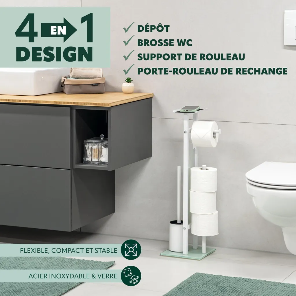 Combiné Brosse WC et Porte-Papier Toilette 4en1 eluno Design Moderne
