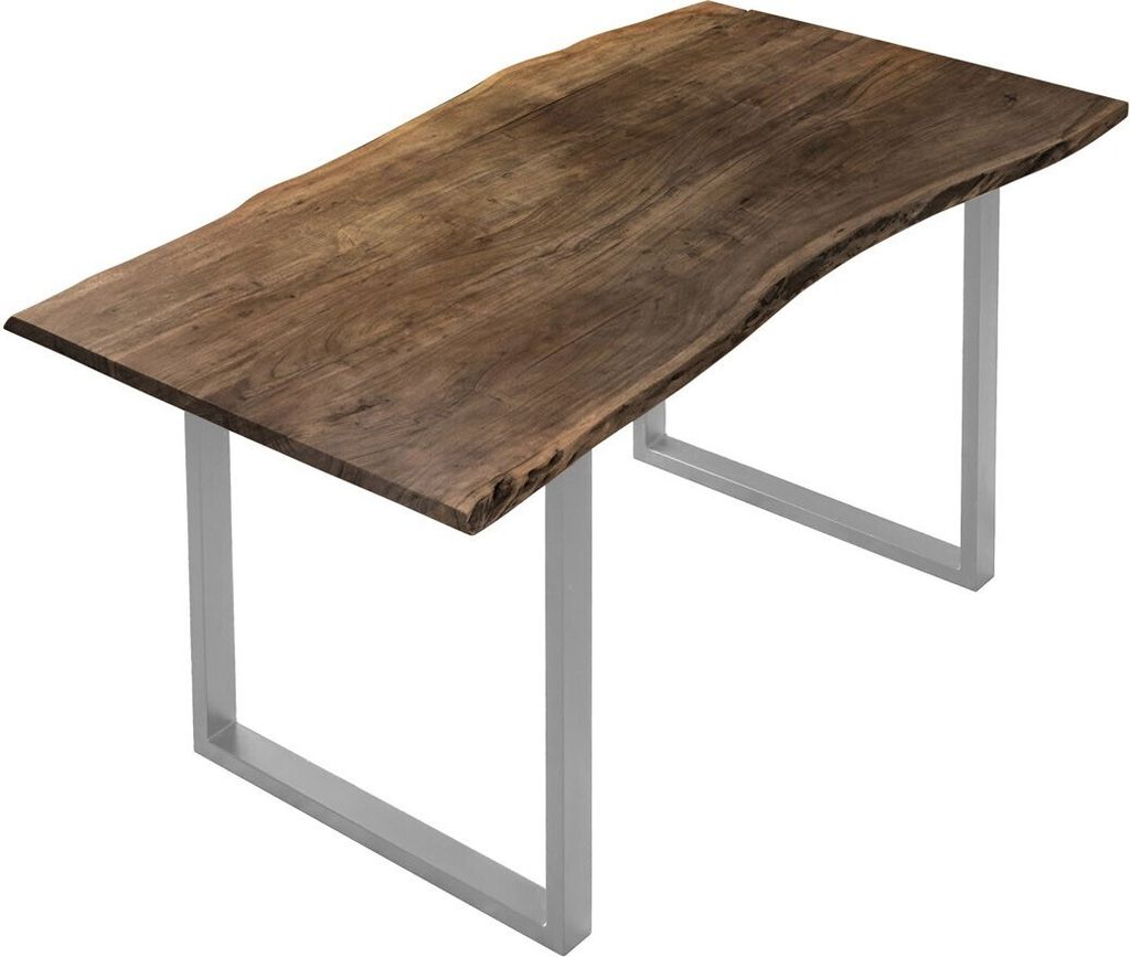 Esstisch Baumkante massiv Akazie nussbaumfarben 130 x 75 cm silber U-Gestell BILLY