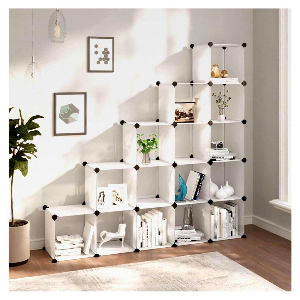 Regalsystem mit 15 Würfeln aus transparentem PP, Vitrine, Raumteiler, Steckregal, Stufenregal, Bücherregal, Schrankregal