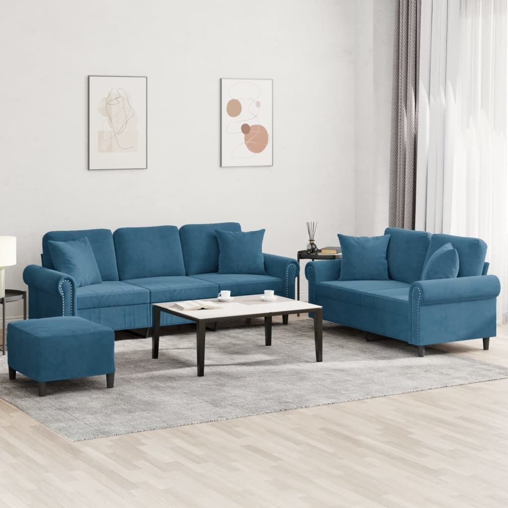 Möbel 3-tlg. Sofagarnitur mit Kissen Blau Samt - Klassische Sofas 3202289