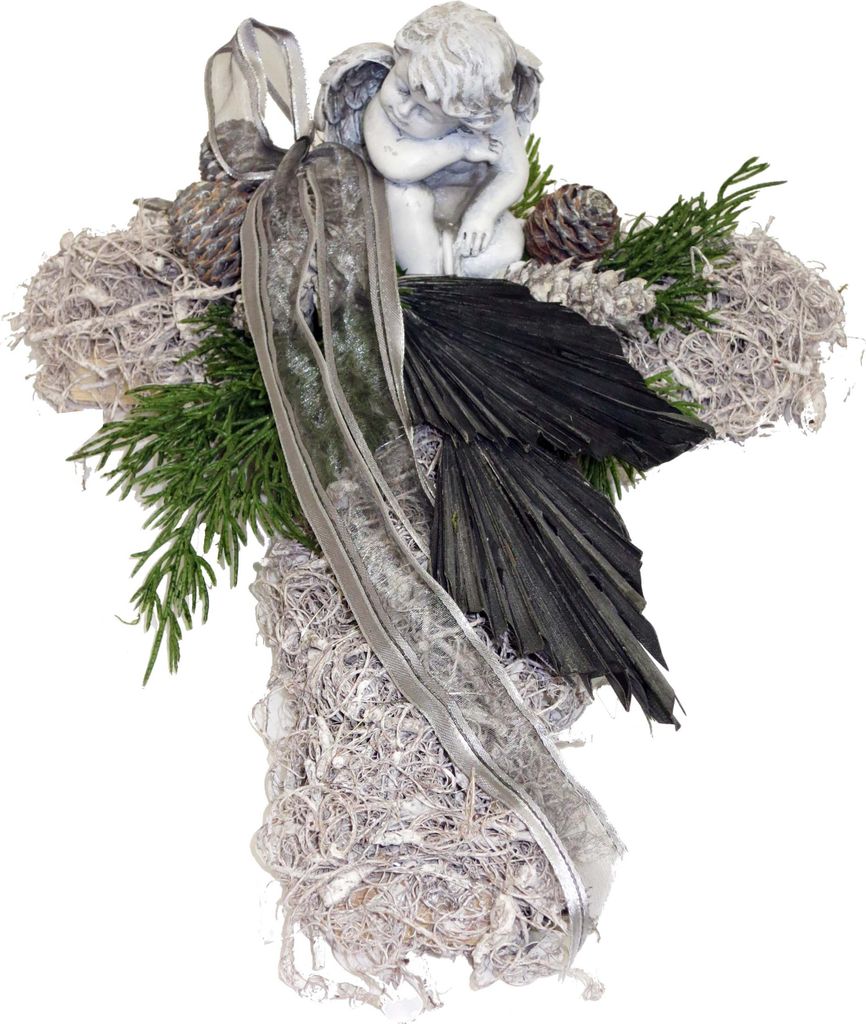 Grabschmuck KREUZ aus Curlymoos mit Engel white-wash Stil CreaFlor Home