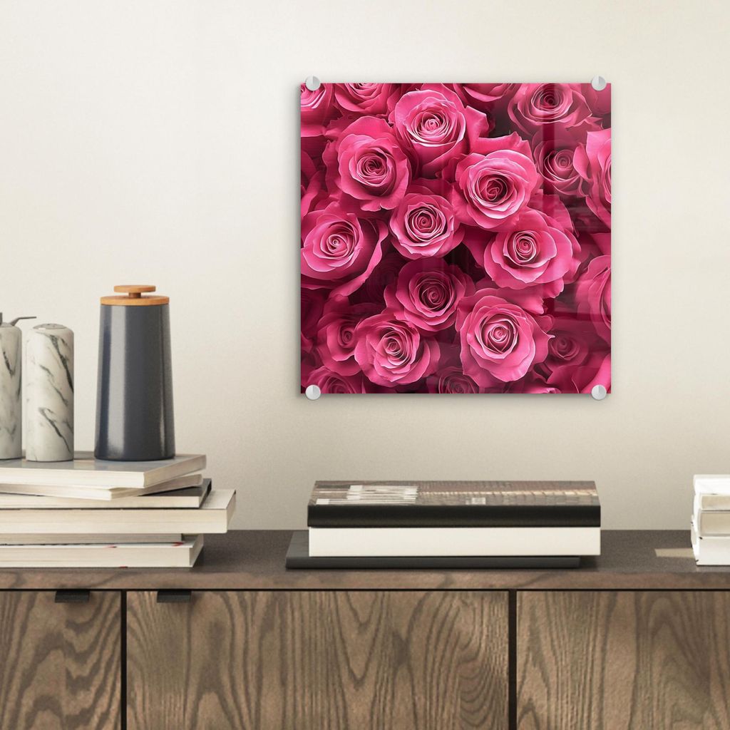 MuchoWow Glasbilder - Bilder auf Wandbild - Foto auf Glas Rosen - Rosa - Blume 40x40 cm Wanddekoration aus Glas - Acrylglasbild - Acrylbilder