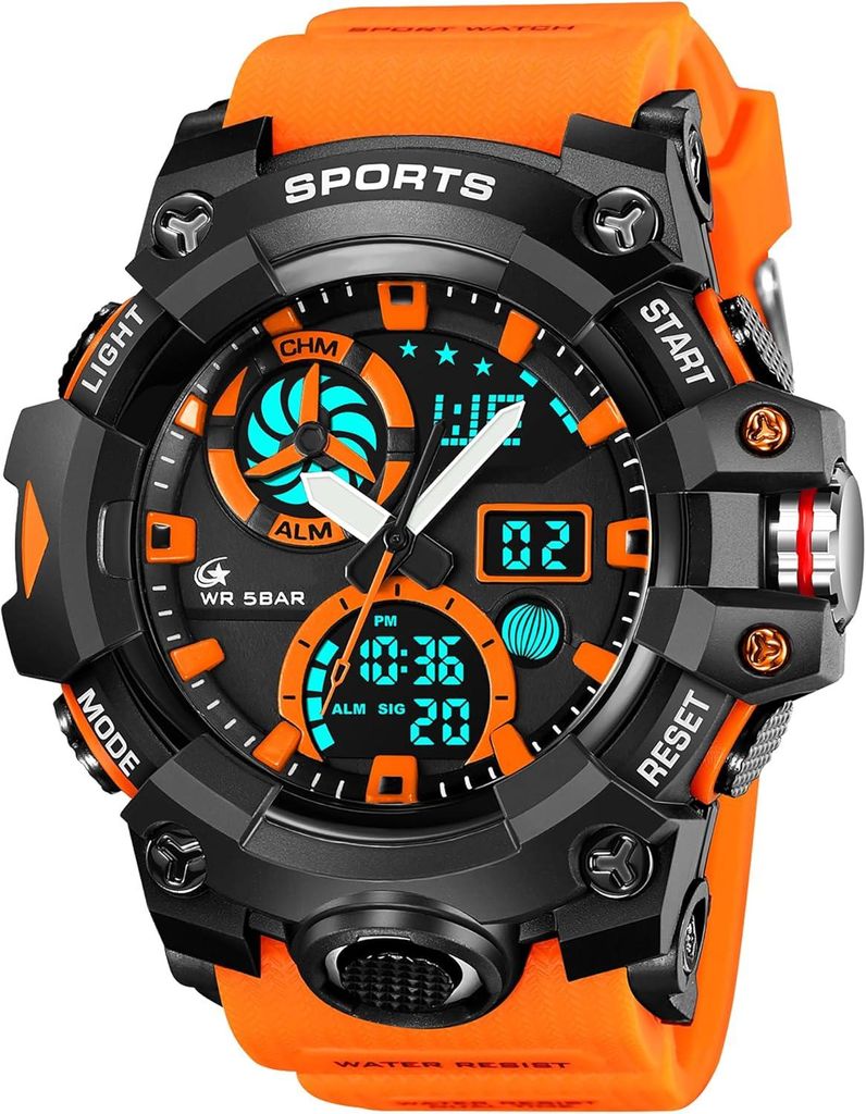 Herren Sport Militär Armbanduhr Analog Digital Dual Time 5ATM Wasserdicht LED Wecker Stoppuhr Kalender 12/24H Outdoor robuste Uhr