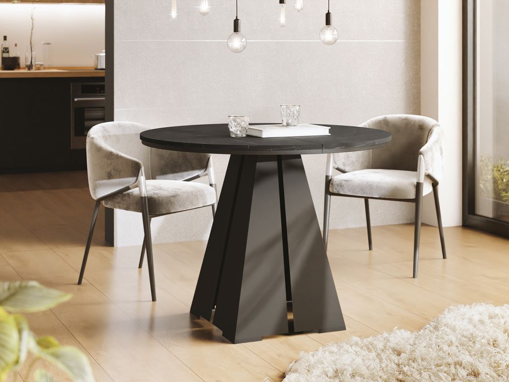 Runder Ausziehbarer Esstisch mit Schwarzem Metallgestell - Moderner Industrieller Tisch in Schwarzer Marmoroptik für Esszimmer oder Küche - 120 c...