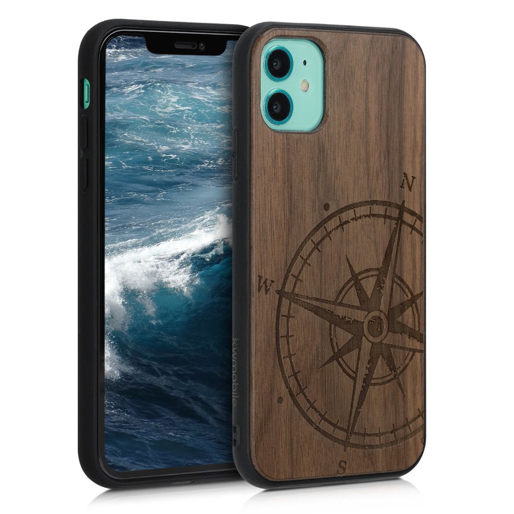 kwmobile Hülle kompatibel mit Apple iPhone 11 Hülle - Holz Case - Handy Cover - TPU Handyhülle in Dunkelbraun Kompass Vintage