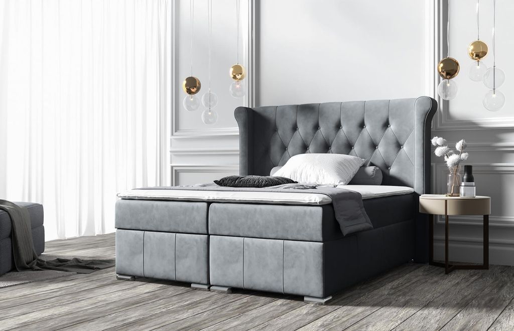 Beautysofa Boxspringbett Massi, 2 Bettkästen, Bonnellfederkernmatratzen, Kopfteil gesteppt (Stoff: Matt Velvet 85 - Hellgrau, Breite: 200 cm)