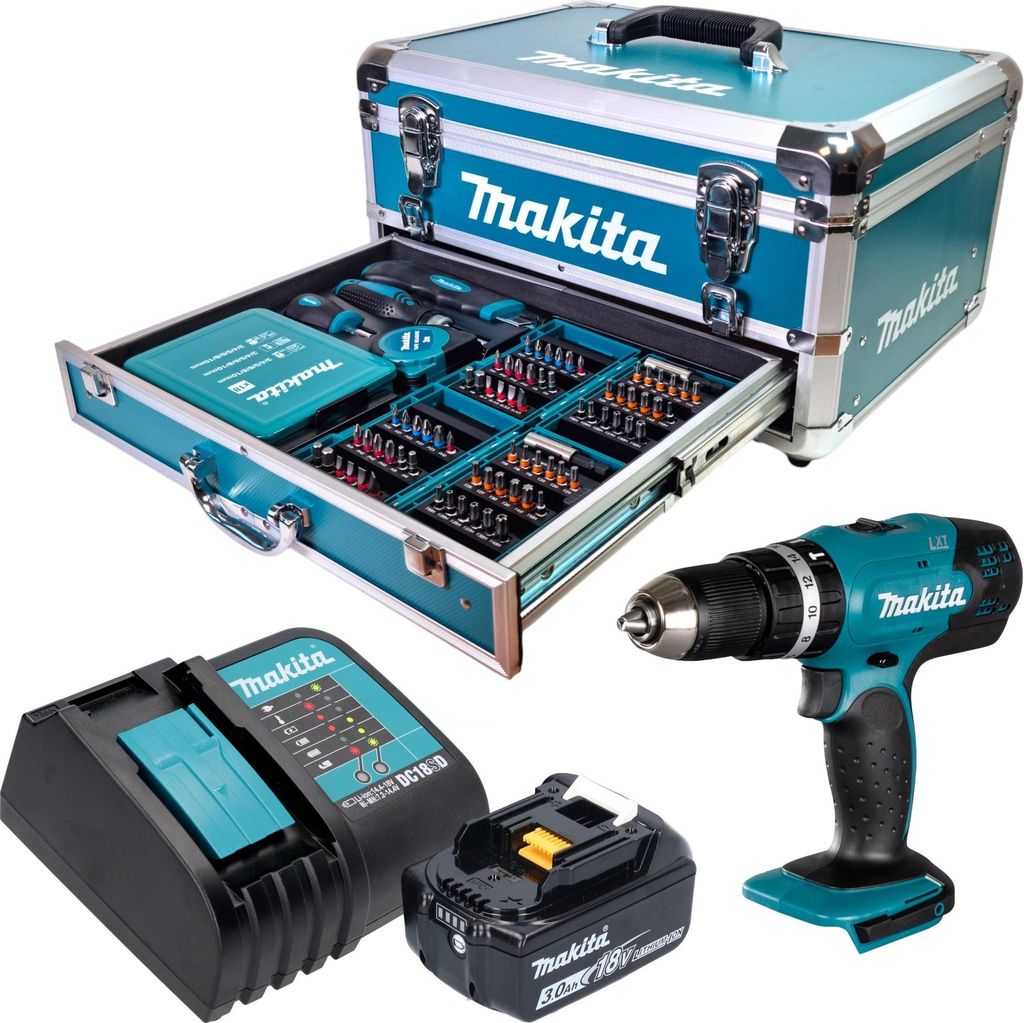 Makita DHP 453 SF1X9 Akku Schlagbohrschrauber 18 V 42 Nm + 1x Akku 3,0 Ah + Ladegerät + 96 tlg. Zubehör Set + Koffer