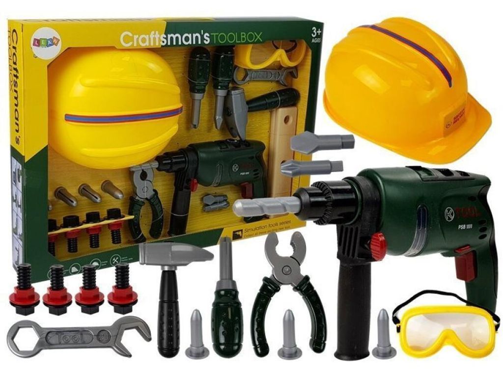 Lean Toys Heimwerker-Set Akku-Bohrschrauber Schutzbrille und Helm