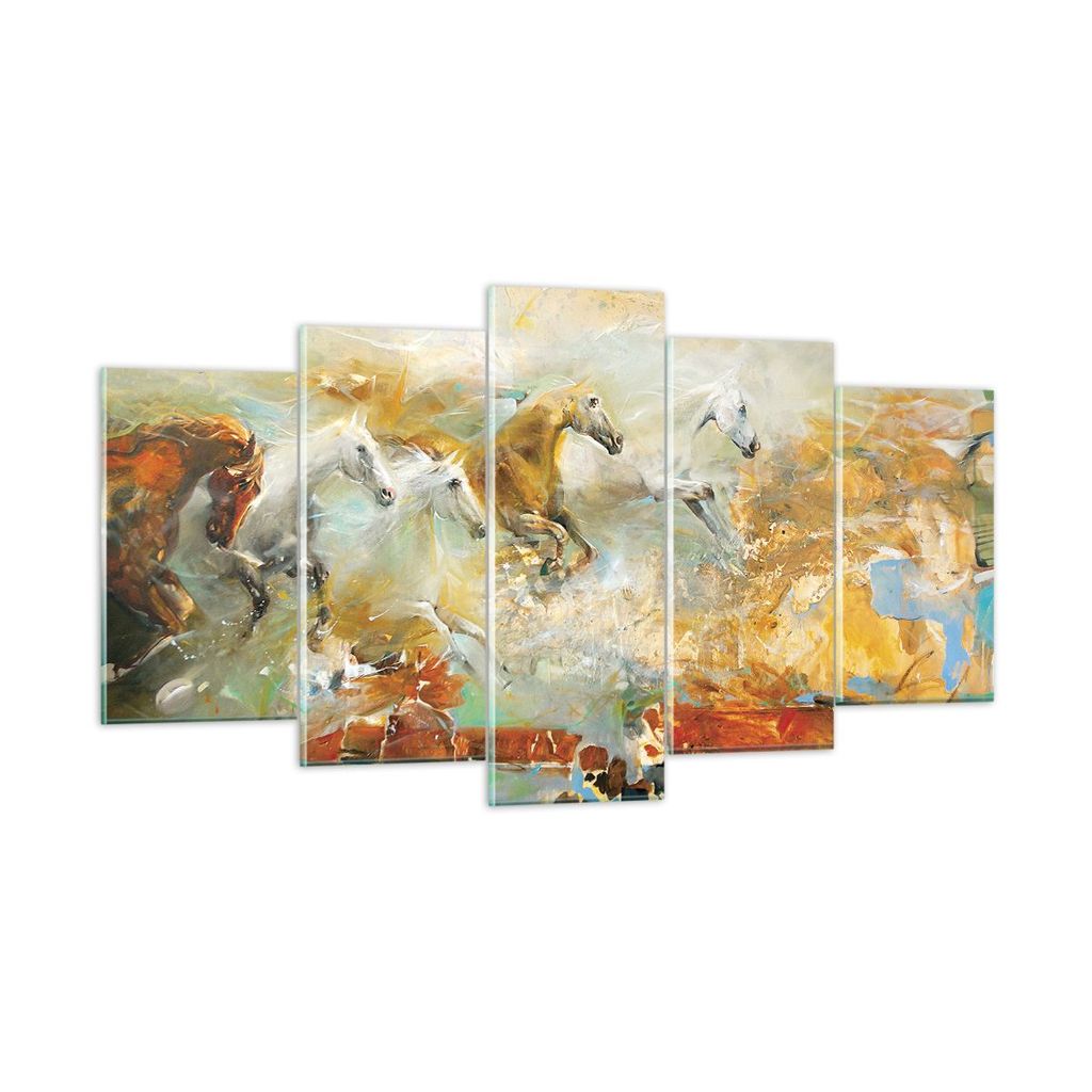 Bilder auf glas - 5 Teile - Pferde Galopp Modern - 160x85cm - Glasbilder - Wandbilder - Bilder - zum Aufhängen bereit - Wanddekoration aus Glas - ...