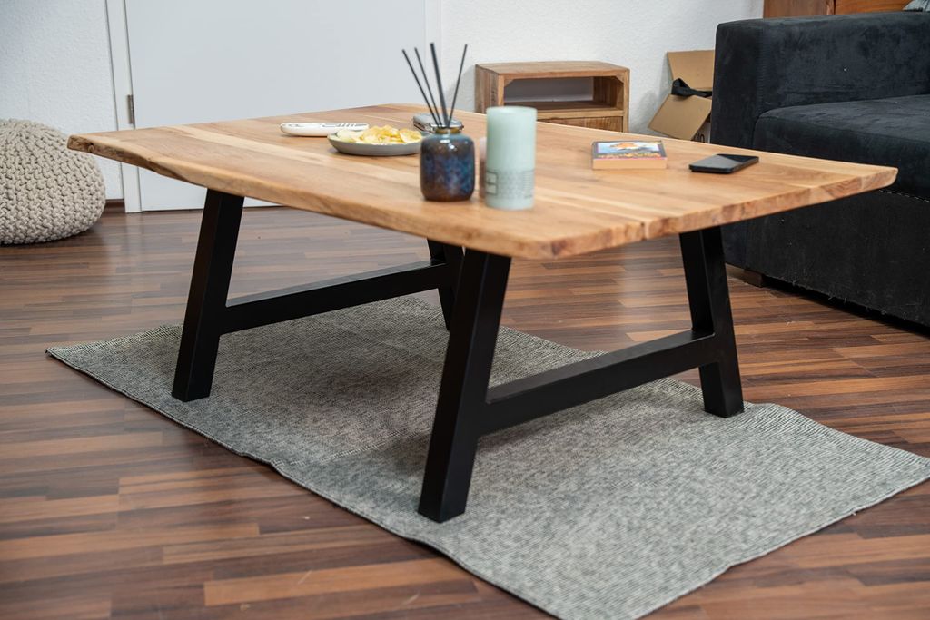 Couchtisch 120x80 cm Quintus, echte Baumkante, Akazienholz naturfarben, massiver Sofatisch, A-Metallgestell Schwarz