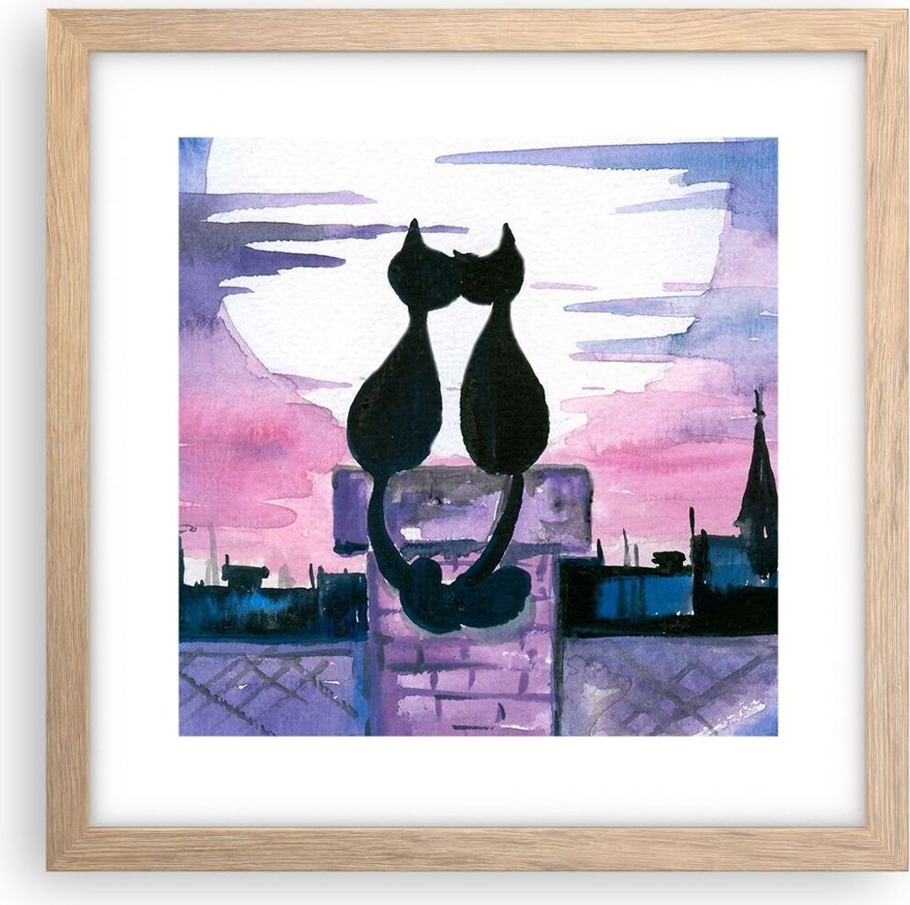 Gerahmtes Poster - Rahmen in heller Eiche - Katzen Dach Liebe Tier - 30x30 cm - Wand Bild - Wanddeko - Wandbilder - Wandposter - Bilderrahmen - Bil...