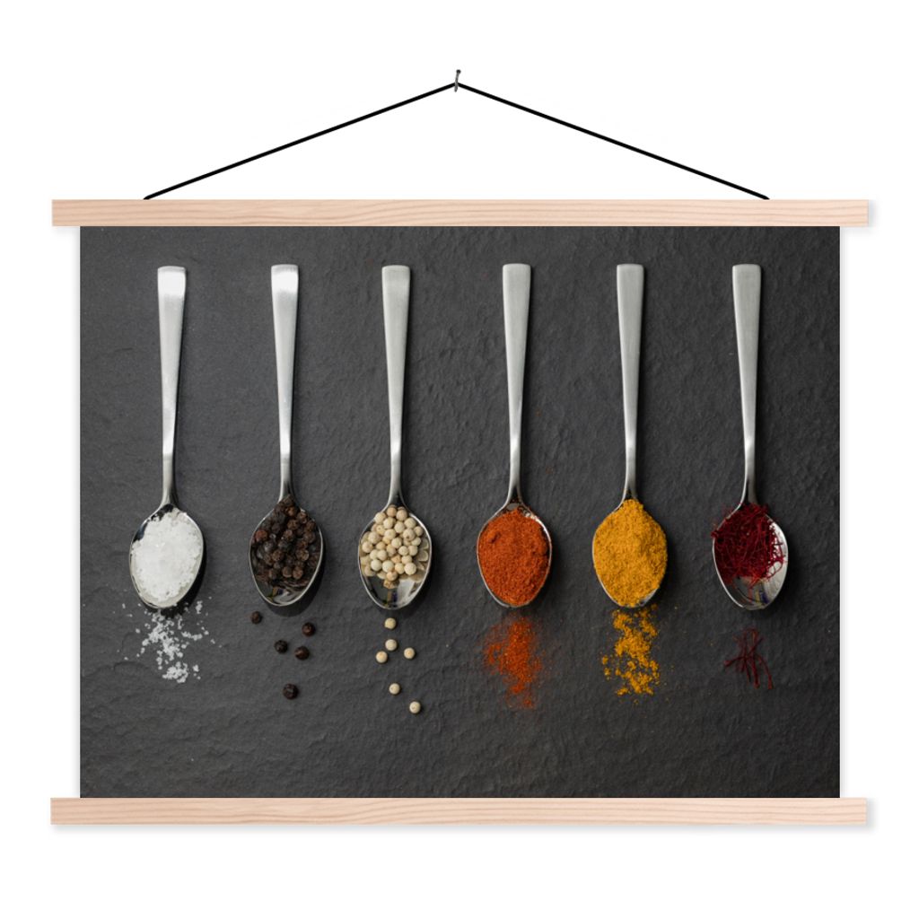 MuchoWow Textilposter Gewürze - Löffel - Tisch - Rustikal - Gewürze 40x30 cm mit holzfarbenen Rahmen - Bilder