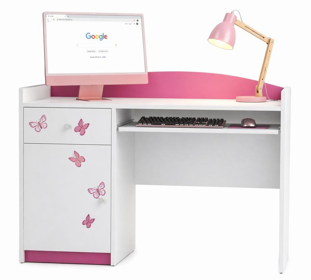 Kinderschreibtisch Rosa-Weiß | Mädchen Schreibtisch mit Tastaturablage & Stauraum | Eleganter Schülerschreibtisch für Kinderzimmer