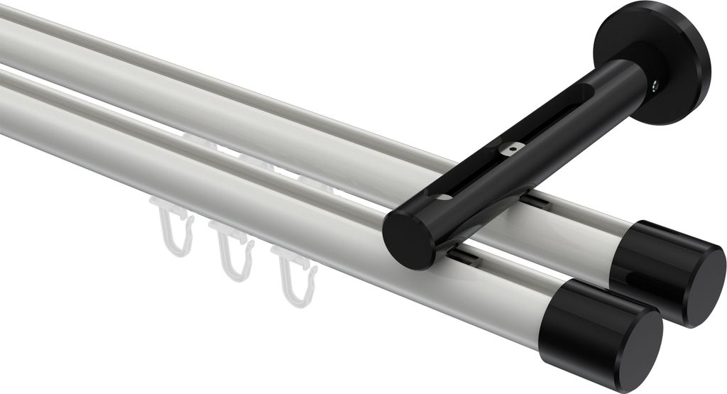 Interdeco Innenlaufstange / Gardinenstange mit Innenlauf Weiß / Schwarz, Typ Siteno Santo (Kappe), 20 mm Ø 2-läufig, 360 cm