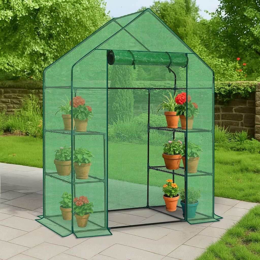 A green greenhouse with plants on shelves, set up on a patio in a garden.