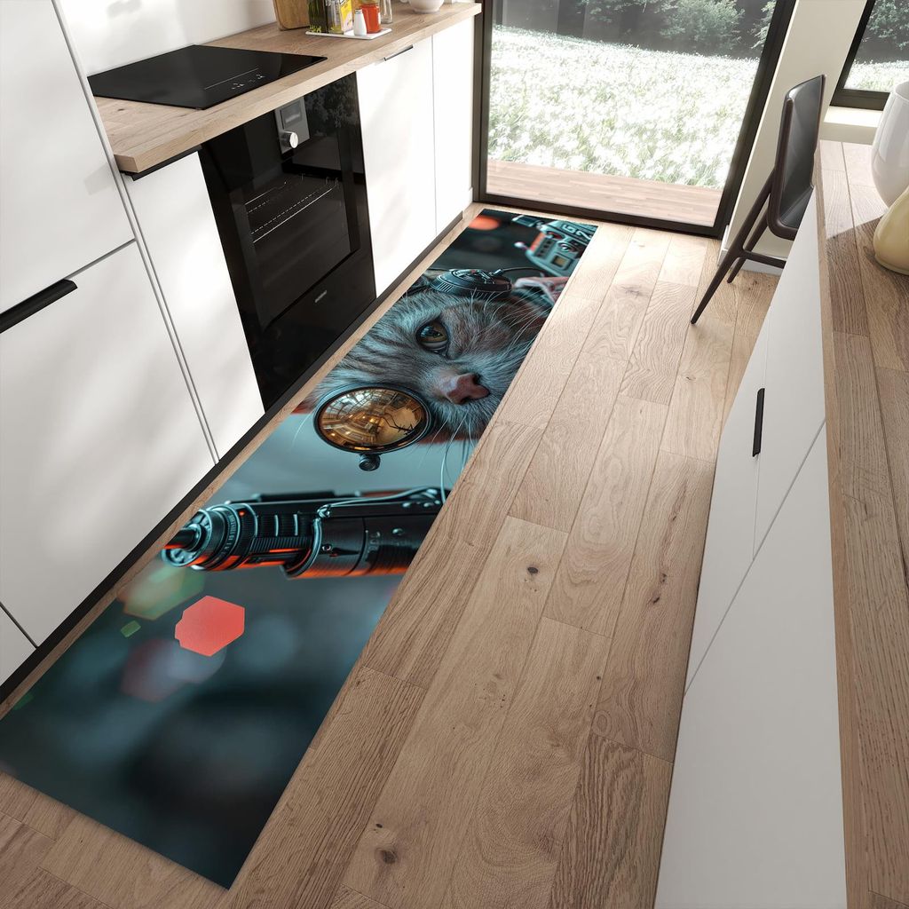 Küchenteppich 60x300cm rutschfest & abwischbar PVC Läufer - Cyberkatze